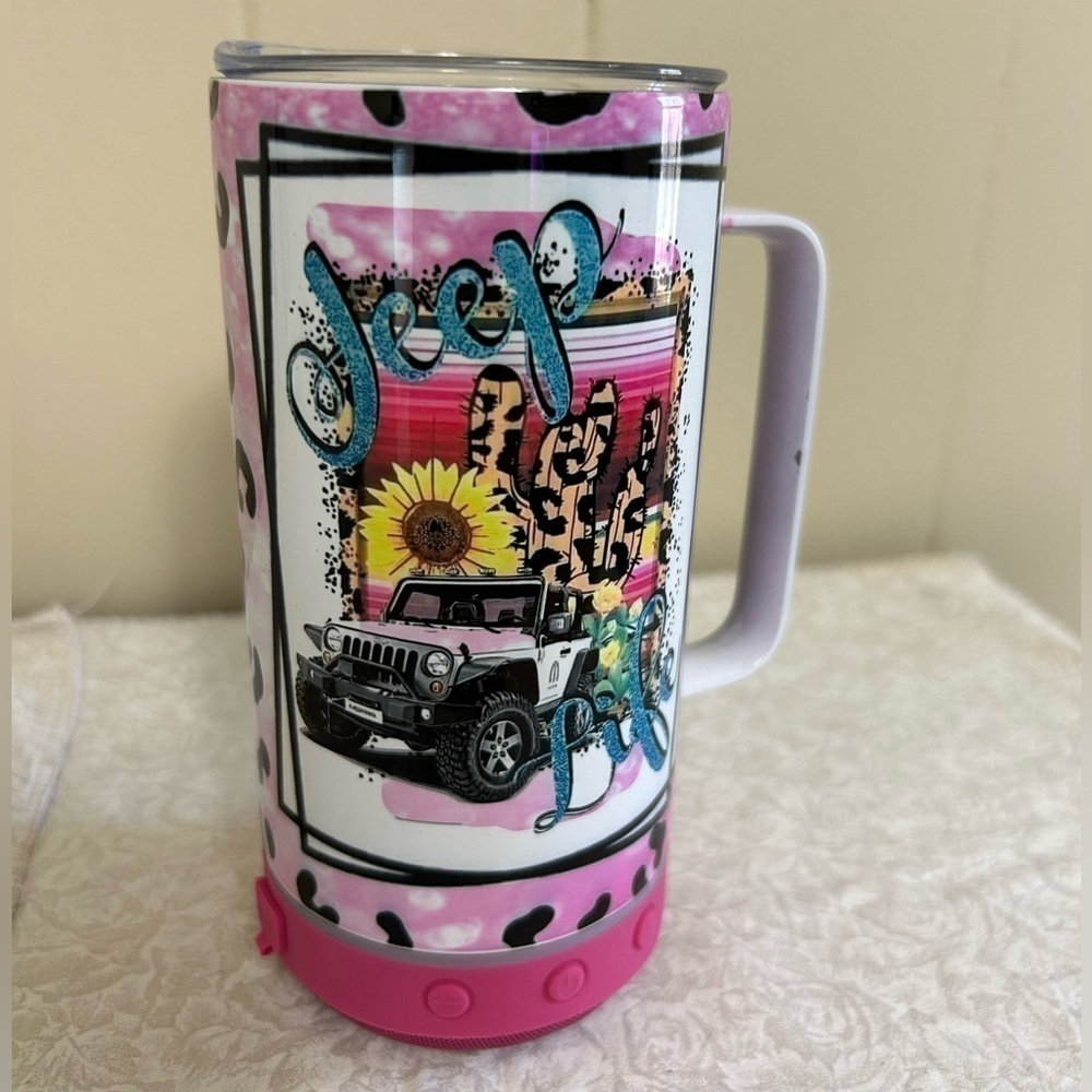 NWOT Jeep Life Leopard Print Tumbler with Built In Speaker Beach Pink